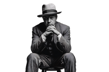 Stylish man in a vintage suit sits thoughtfully with hands clasped, evoking an air of nostalgia and sophistication