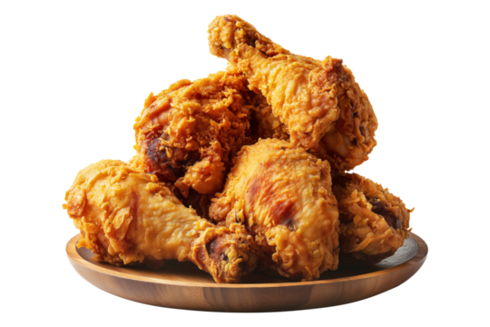 Golden crispy fried chicken drumsticks on wooden plate, isolated on white transparent background. Concept of fast food and comfort meal.