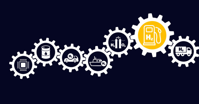 Hydrogen economy vector illustration. Concept with connected icons related to hydrogen use as fuel, in industrial processes, hydrogen storage and transport, renewable or green energy