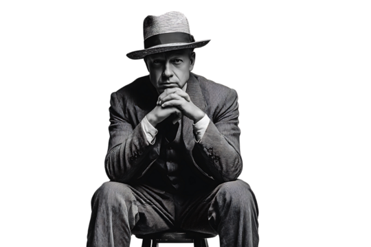 Stylish man in a vintage suit sits thoughtfully with hands clasped, evoking an air of nostalgia and sophistication