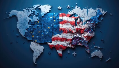 A conceptual illustration that represents international relations and collaboration shows the United States and the European Union as jigsaw pieces that fit together across a global map.