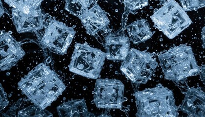 For images with a refreshment theme, this dynamic view of falling ice cubes with water splashes against a black backdrop is perfect.
