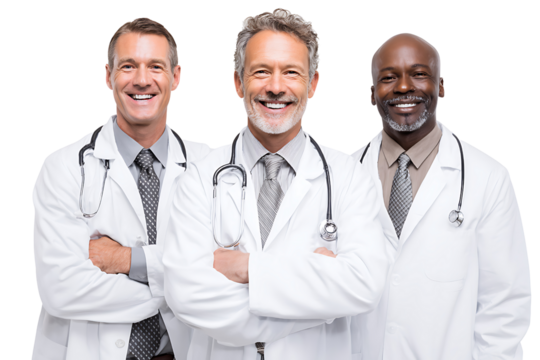 Group of Smiling Male Doctors in White Coats with Stethoscopes Posing Together, Professional Medical Team