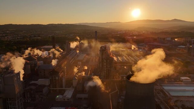 Drone view of vast industrial factory with towering smokestacks, expansive grounds, and glowing sunset sky, highlighting industrial scale and atmospheric evening mood