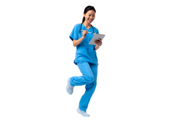 Happy Female Nurse in Blue Scrubs Using a Digital Tablet While Walking on a Transparent Background