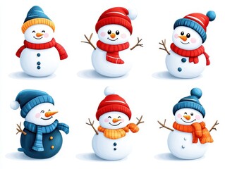 Six cheerful snowmen in winter hats and scarves, white background, holiday illustration, ideal for greeting cards