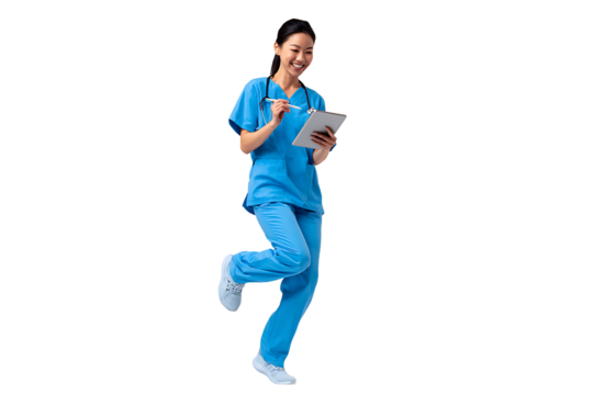 Happy Female Nurse in Blue Scrubs Using a Digital Tablet While Walking on a Transparent Background
