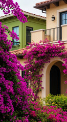 Vibrant purple bougainvillea blossoms frame a beige house entrance, showcasing architectural detail and lush landscaping, representing beauty, tranquility, and home ambiance