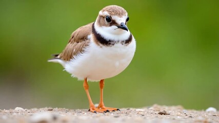 Close up of a Piping Plover, showcasing its sandy plumage, orange legs, and striking black eye against a soft green backdrop, a stunning 4k video