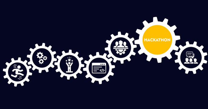 Illustration of hackathon displaying its key steps: brainstorm, development, programming, timing, teamwork, goal icons and text