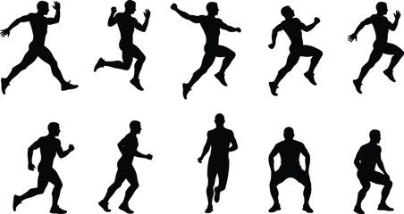 Dynamic black silhouettes of people running, jumping, exercising, athletic movement, fitness poses, sports activity, workout silhouettes, active lifestyle, training, sprinting,