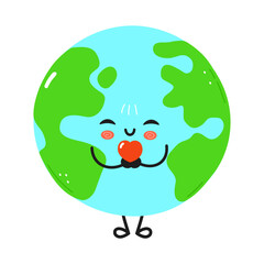 A cute cartoon earth character is holding a heart with a happy expression.