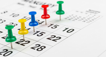 Colorful pushpins mark dates on a calendar, showcasing planning, scheduling, and organization, representing time management and efficiency