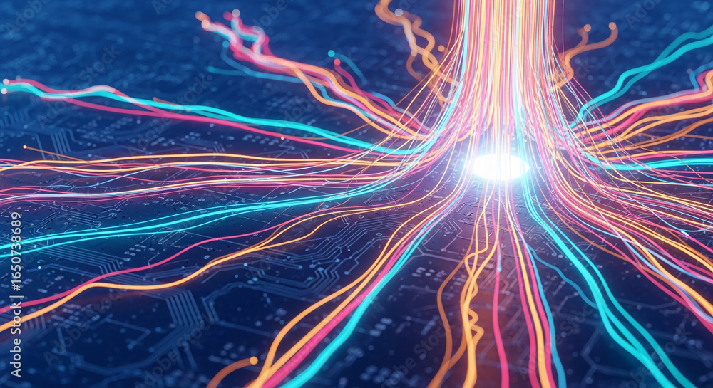 Poster abstract image of colorful glowing lines converging on a circuit board, symbolizing data flow, conne