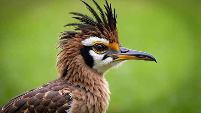 Roadrunner portrait with striking eye stripe and vibrant yellow eye ring against soft green background, 4k video footage