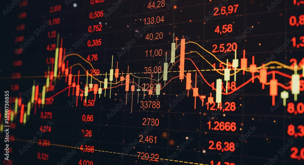 Poster close-up of a stock market chart display, showing candlestick patterns and price data in red and yel