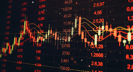 Close-up of a stock market chart display, showing candlestick patterns and price data in red and yellow, symbolizing financial trends and market analysis