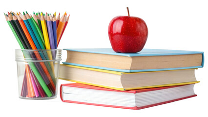 Back to school with colorful pencils books and a bright red apple symbolizing knowledge in a studio