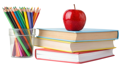Back to school with colorful pencils books and a bright red apple symbolizing knowledge in a studio