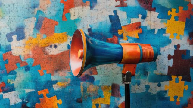 Vibrant abstract artwork with colorful megaphone on puzzle piece backdrop