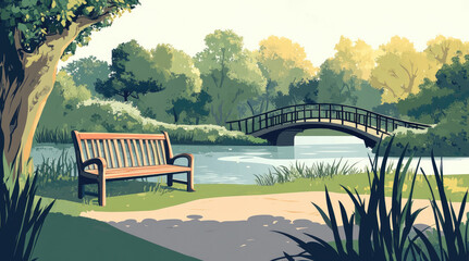 Obraz premium An illustration of a bench with a view of a river and a small bridge in the morning