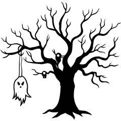  creepy tree with twisted branches and a hanging ghost SVG file on a white background