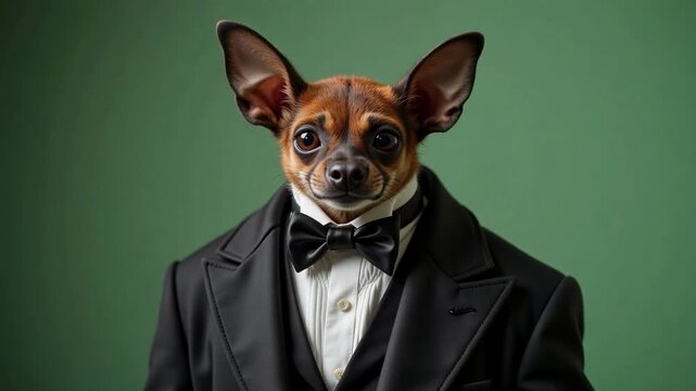 Dapper bat in a tiny tuxedo and bowtie, its large dark eyes captivating against a soft green backdrop, offering a touch of whimsical elegance