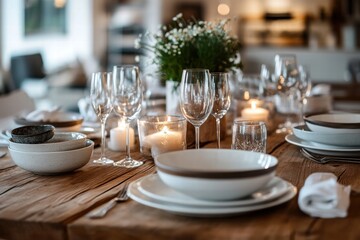Dining table closeup with elegant plates and cutlery