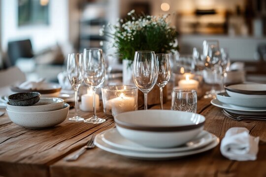 Dining table closeup with elegant plates and cutlery