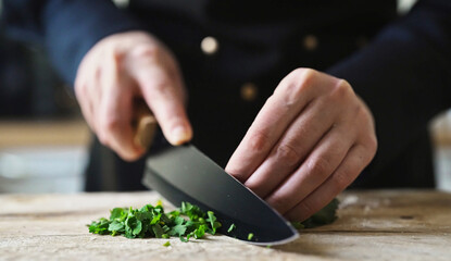 Chopping fresh parsley on wooden cutting board.