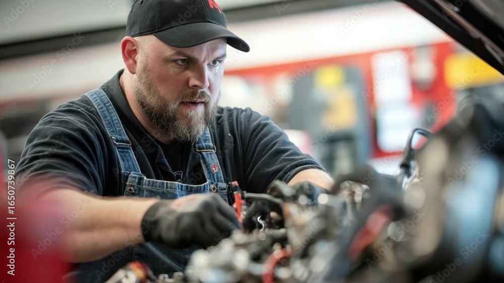 Aufkleber skilled mechanic working on engine components in automotive workshop with focused expression and pro
