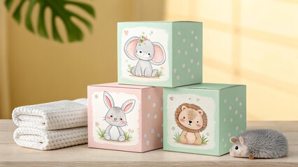 Adorably cute baby shower gift boxes featuring whimsical elephant, bunny, and lion illustrations, perfect for newborn celebrations and nursery decor.