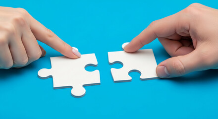 Two hands connecting white puzzle pieces on a blue background, symbolizing collaboration, teamwork, and problem-solving
