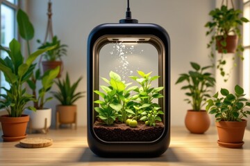 design an indoor greenhouse with smart watering technology that senses soil dryness and regulates water flow automatically distributing hydration efficiently to every plant ensuring consistent growth
