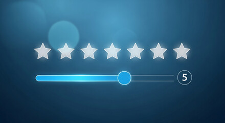 Five glowing stars and a blue slider at 5, on a dark blue background, showcase a perfect rating, symbolizing high quality, excellence and customer satisfaction