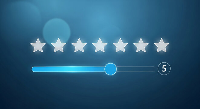 Five glowing stars and a blue slider at 5, on a dark blue background, showcase a perfect rating, symbolizing high quality, excellence and customer satisfaction