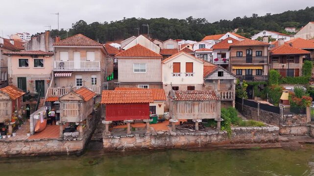 Aerial of Combarro Village with Horreos on Ria de Pontevedra, Galicia