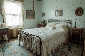 A vintage iron bed frame with intricate scrollwork, adorned with a lace bedspread, set against soft pastel-colored walls