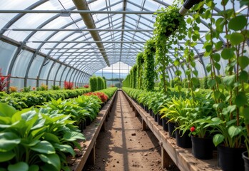 imagine a greenhouse interior with automated watering system using smart sensors to detect soil moisture and deliver water accurately providing optimal hydration for every plant consistently