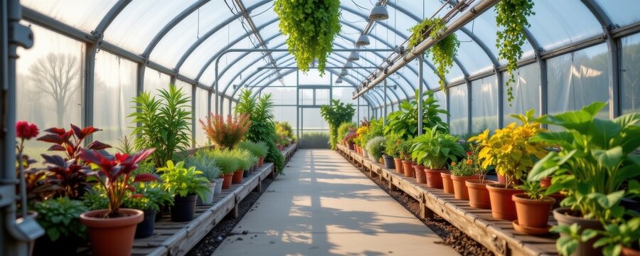visualize an indoor greenhouse with smart irrigation technology that continuously monitors soil moisture and adjusts water flow automatically maintaining healthy hydrated plants throughout the greenho
