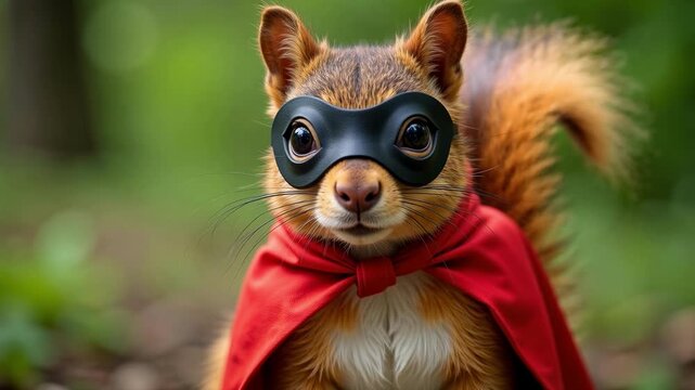 Energetic superhero squirrel with cape and mask on green backdrop, 4k video footage ready for action and fun