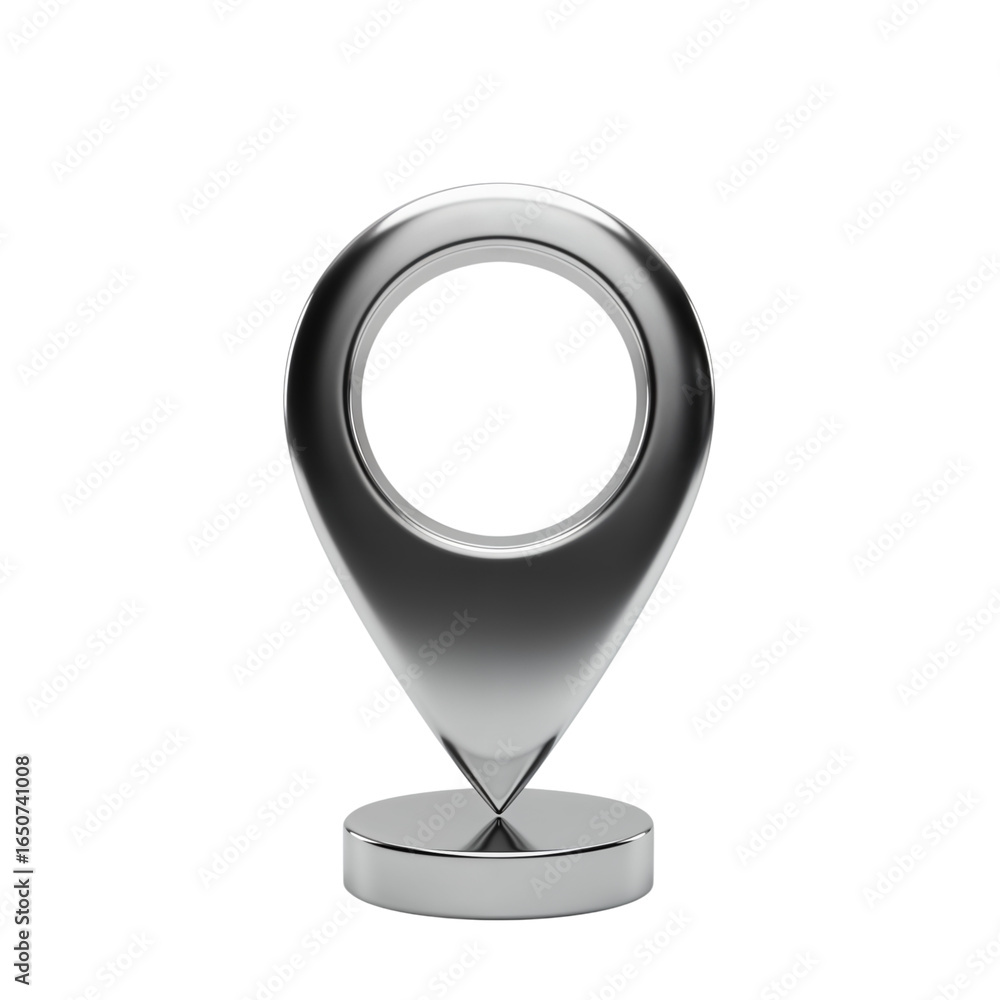 Poster shiny metallic 3d map pin location marker icon with a circular opening isolated on transparent backg