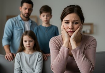 Sad Family Portrait Mother, Father, Children, Stress, Worries, Emotional Distress, Mental Health, Family Issues
