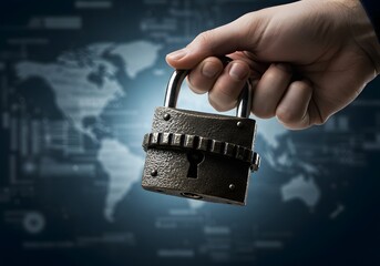 Hand Holding Padlock Over World Map, Security, Protection, Global Data Privacy Concept.