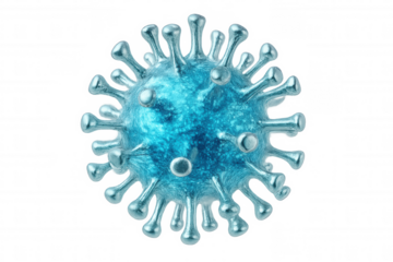 Microscopic view of a coronavirus cell with spikes, representing the virus responsible for covid-19, isolated on transparent background