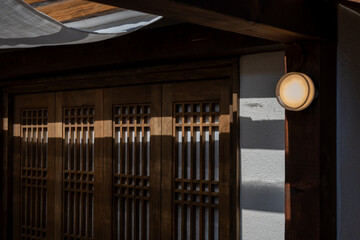 Traditional Korean House Exterior with Wood Lattice Door