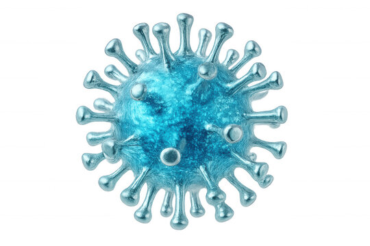 Microscopic view of a coronavirus cell with spikes, representing the virus responsible for covid-19, isolated on transparent background