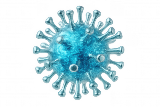 Microscopic view of a coronavirus cell with spikes, representing the virus responsible for covid-19, isolated on transparent background