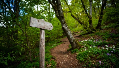 Rustic wooden signpost points left along a dirt trail winding through a lush green forest with wildflowers
