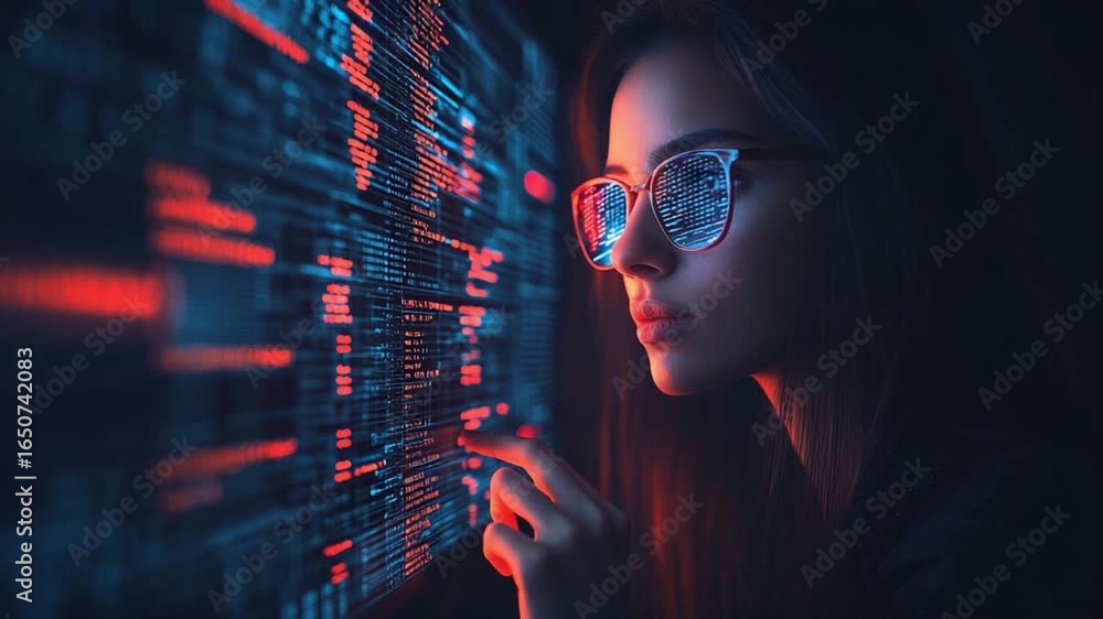 Aufkleber digital explorer: a woman gazes intently at an illuminated digital display, her reflection mirroring